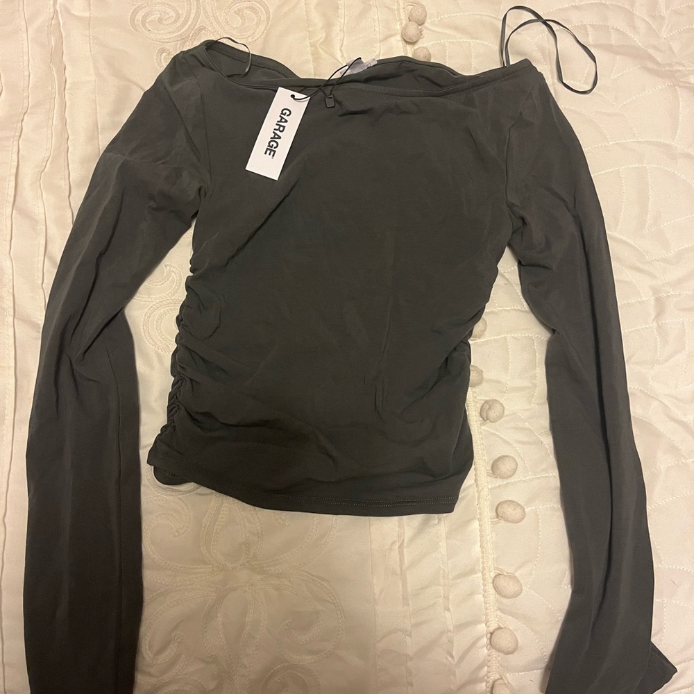 Garage long sleeve ruched boatneck top iron grey